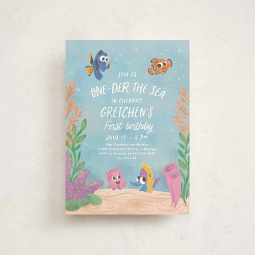 This is a aqua kids birthday invitations with standard by Creo Study called disney and pixar’s finding nemo’s one-der the sea party printing on signature in postcard