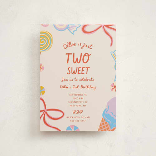 This is a cookie kids birthday invitations with standard by Lissabeth Anglin called super sweet printing on signature in postcard