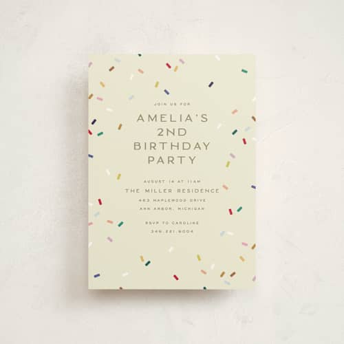This is a cream kids birthday invitations with standard by Ellen Schlegelmilch called tiny bold sprinkles printing on signature in postcard