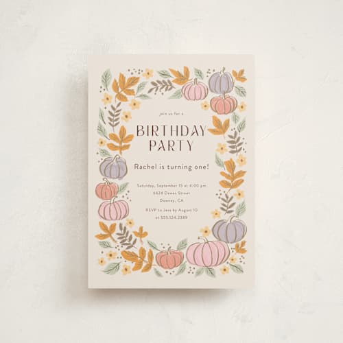 This is a pudding kids birthday invitations with standard by Cass Loh called pastel pumpkins printing on signature in postcard