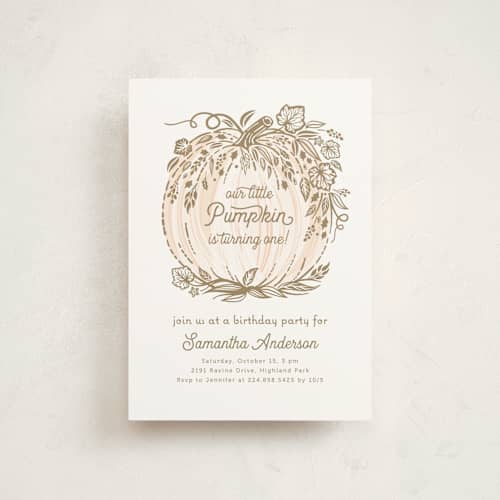 This is a peach kids birthday invitations with standard by Paper Sun Studio called little pumpkin printing on signature in postcard