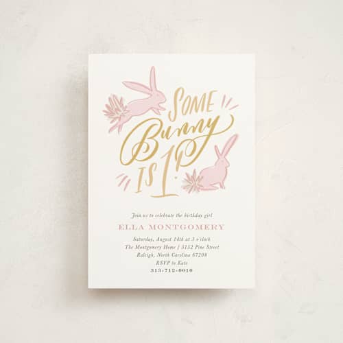 This is a peony kids birthday invitations with standard by Julie Murray called some bunny printing on signature in postcard