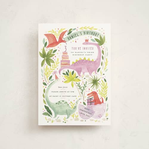 This is a forest kids birthday invitations with standard by Sarah Knight called party dinos printing on signature in postcard