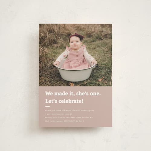 This is a blush kids birthday invitations with standard by Adelyn T. called made it printing on signature in postcard