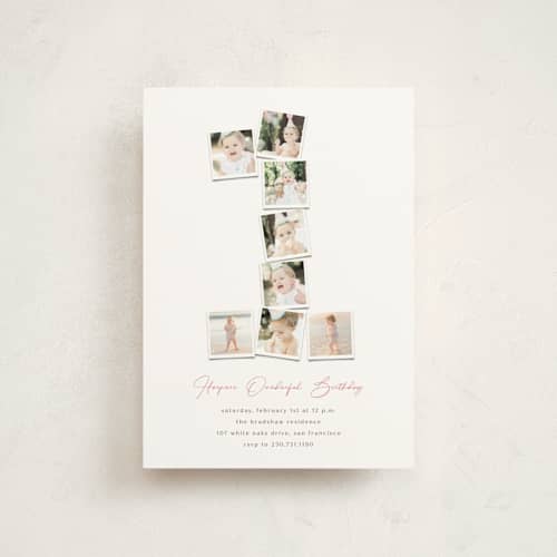 This is a peony kids birthday invitations with standard by fatfatin called polaroid big number 1 printing on signature in postcard
