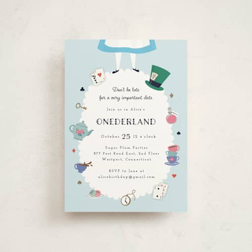 This is a sky kids birthday invitations with standard by Annie Holmquist called disney's alice in wonderland birthday printing on signature in postcard