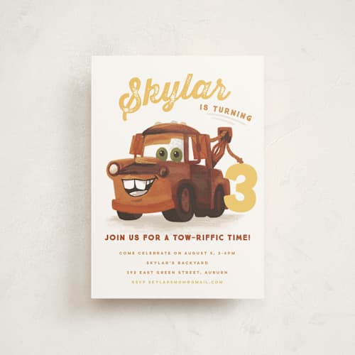 This is a pearl kids birthday invitations with standard by Jessie Steury called disney and pixar's tow-riffic mater printing on signature in postcard