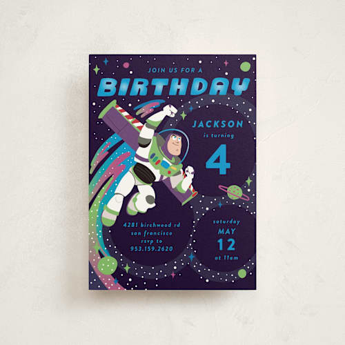 This is a night sky kids birthday invitations with standard by Katie Zimpel called disney and pixar birthday buzz printing on signature in postcard
