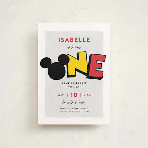 This is a traditional kids birthday invitations with standard by Pixel and Hank called a disney mickey party printing on signature in postcard