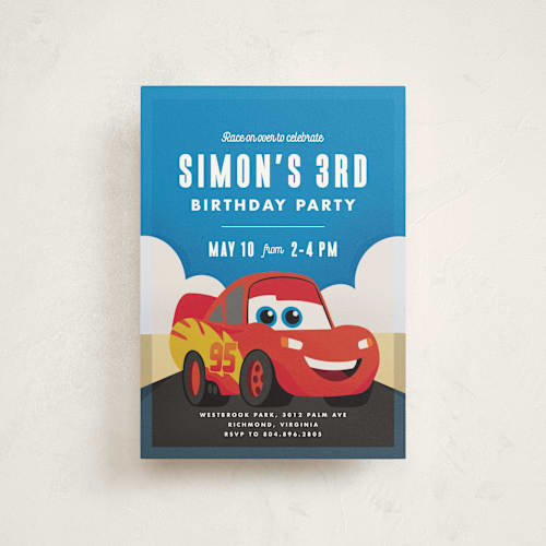 This is a sky kids birthday invitations with standard by Carly Reed Walker called disney and pixar's cars kachow printing on signature in postcard