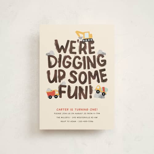 This is a dirt kids birthday invitations with standard by Megan Cash called digging printing on signature in postcard
