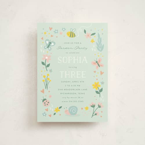 This is a sky kids birthday invitations with standard by Susan Asbill called in the garden printing on signature in postcard