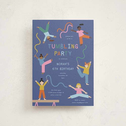 This is a blueberry kids birthday invitations with standard by Kelly Watkins called tumbling party printing on signature in postcard