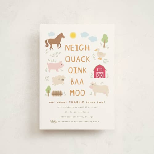 This is a cotton kids birthday invitations with standard by Creo Study called barnyard noises printing on signature in postcard