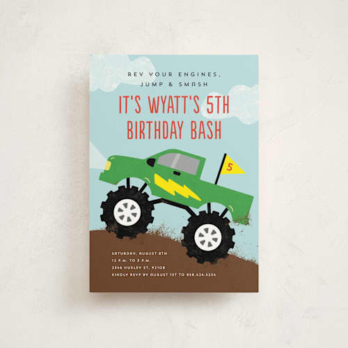 This is a lime kids birthday invitations with standard by Erica Krystek called monster truck printing on signature in postcard