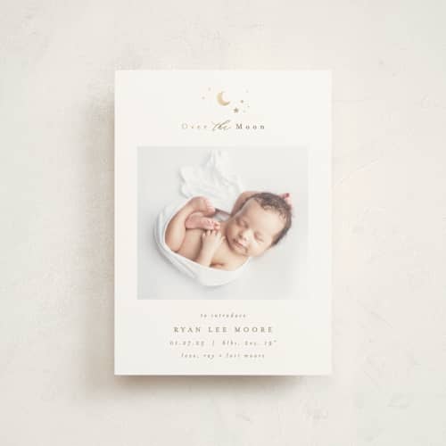 This is a fawn birth announcement postcards with foil pressed by AK Graphics called over the moon printing on signature in postcard