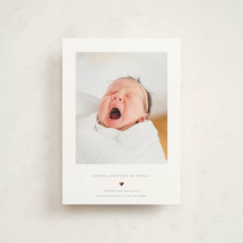 This is a charcoal birth announcement postcards with foil pressed by Blustery August called heart printing on signature in postcard