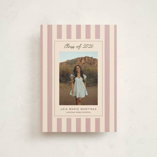 This is a blush graduation announcements with standard by Ani Somi called grad stripes printing on signature in petite