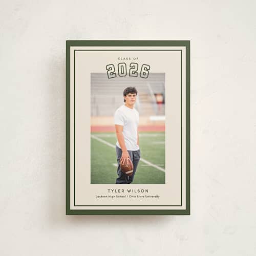 This is a forest graduation announcements with standard by Megan Cash called varsity year printing on signature in petite