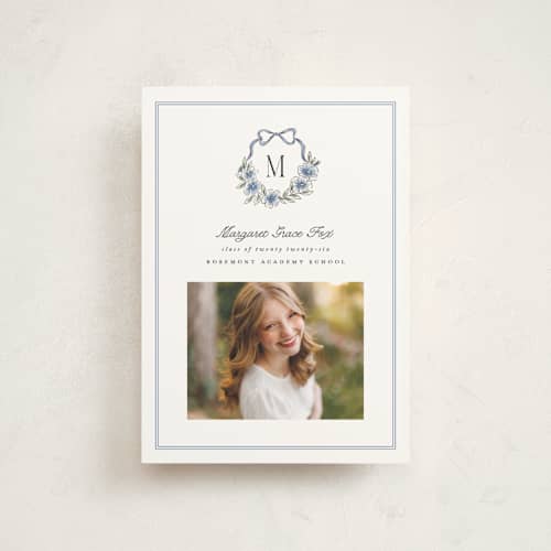 This is a cornflower graduation announcements with standard by Laura Hankins called floral crest printing on signature in petite