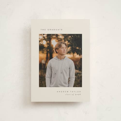 This is a sand graduation announcements with standard by Pippa Shaw called visionary printing on signature in petite