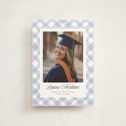 This is a powder graduation announcements with standard by Kampai Designs called gingham printing on signature in petite