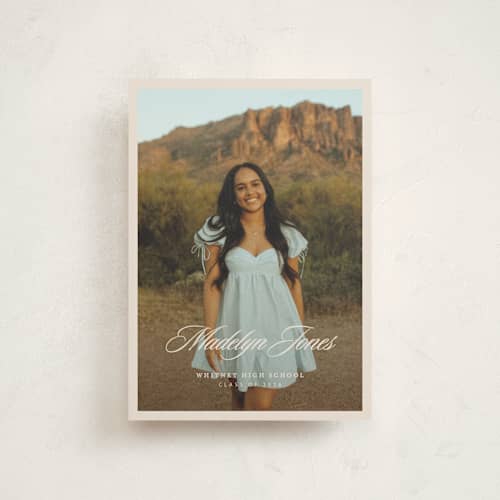 This is a sand graduation announcements with standard by Megan Cash called fluid printing on signature in petite