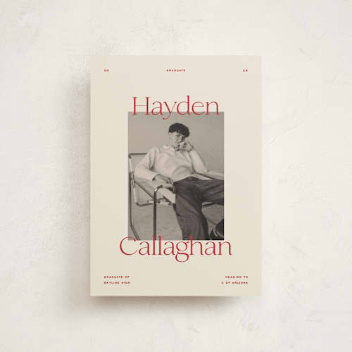 This is a scarlet graduation announcements with standard by Ellen Schlegelmilch called hayden printing on signature in postcard