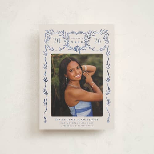 This is a indigo graduation announcements with standard by Petra Kern called grad crest printing on signature in postcard