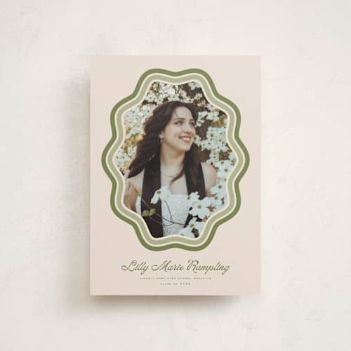 This is a matcha graduation announcements with standard by Melanie Kosuge called scalloped printing on signature in postcard