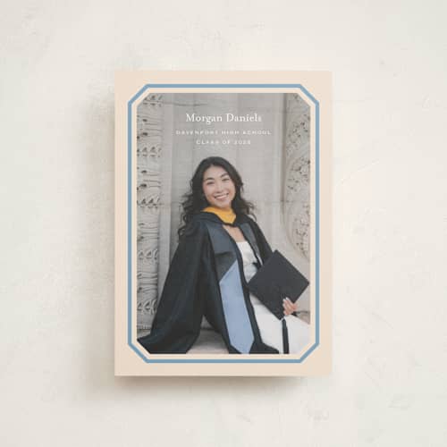This is a robins egg graduation announcements with standard by Carolyn MacLaren called angled frame printing on signature in postcard