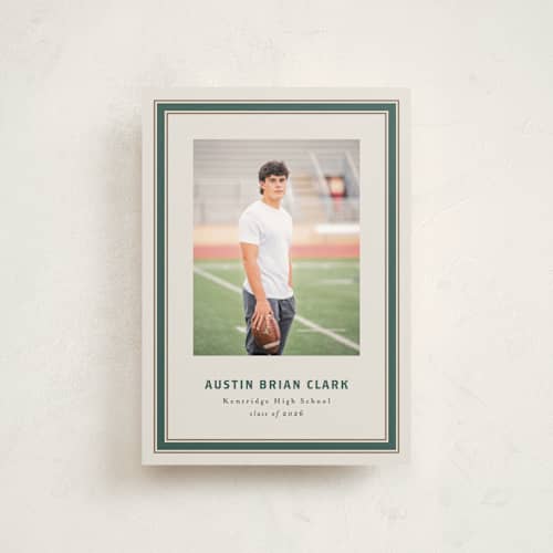 This is a evergreen graduation announcements with standard by Angela Garrick called varsity frame printing on signature in postcard