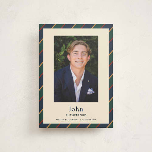 This is a navy graduation announcements with standard by Sarah Rosenthal called belmont printing on signature in postcard