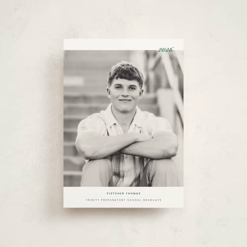 This is a forest graduation announcements with standard by Sara Hicks Malone called deerfield printing on signature in postcard