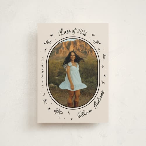 This is a onyx graduation announcements with standard by Ashley Iwafuchi called illustrated grad printing on signature in postcard