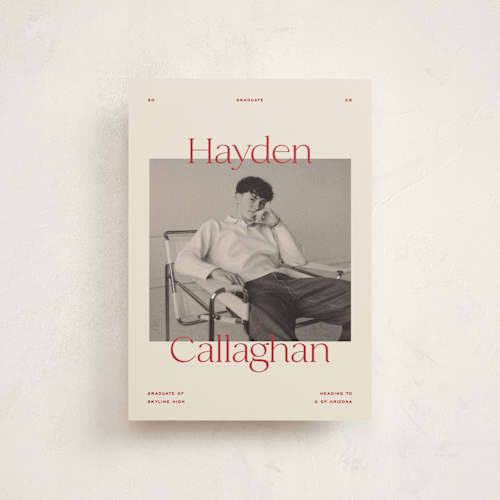 This is a scarlet graduation announcements with standard by Ellen Schlegelmilch called hayden printing on signature in postcard