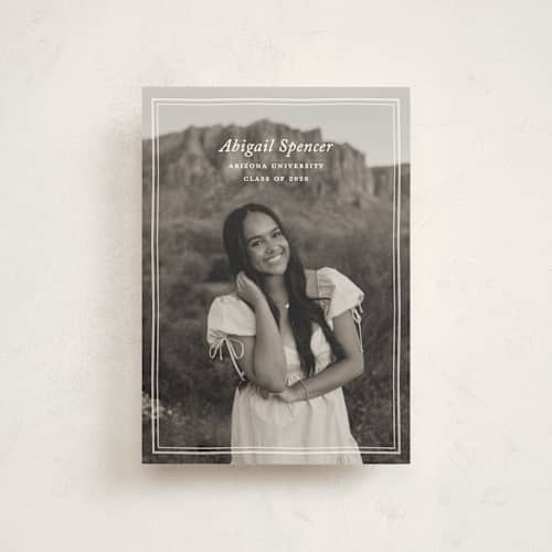 This is a cream graduation announcements with standard by Ellen Schlegelmilch called abigail printing on signature in postcard