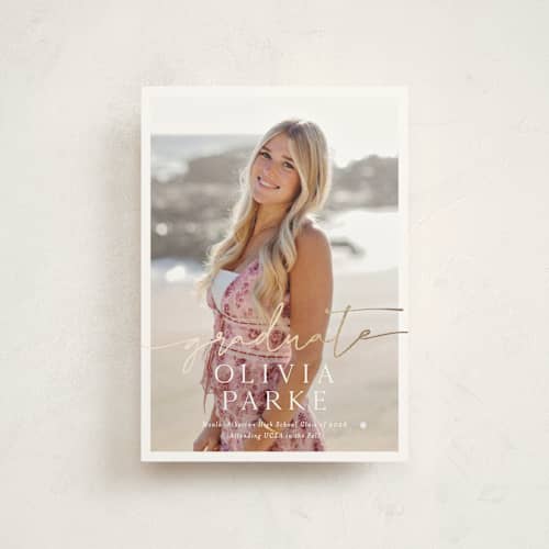 This is a snow graduation announcements with foil pressed by Sarah Curry called graduate script printing on signature in postcard