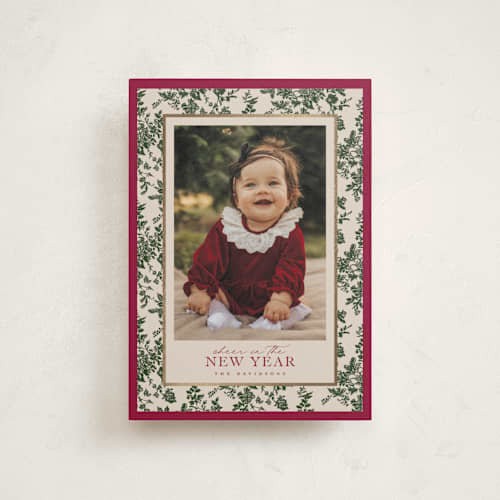 This is a holly berry petite holiday cards with foil pressed by Jenna Holcomb called merry floral toile printing on signature in petite