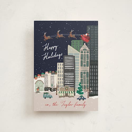 This is a navy petite holiday cards with standard by Alethea and Ruth called christmas night in the city printing on signature in petite