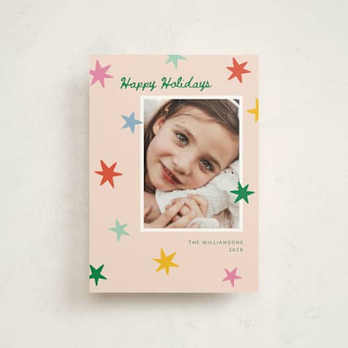 This is a pink sky petite holiday cards with standard by Kristen Magee called star pop printing on signature in petite