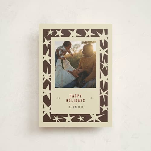 This is a almond petite holiday cards with standard by Angela Quan called star border printing on signature in petite