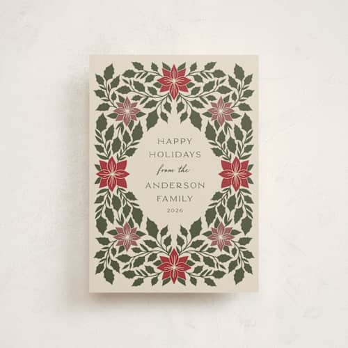 This is a evergreen petite holiday cards with standard by Katharine Watson called holly frame printing on signature in petite