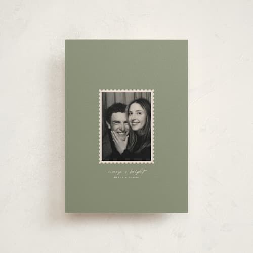 This is a sage petite holiday cards with standard by Sierra Lee called festive post printing on signature in petite