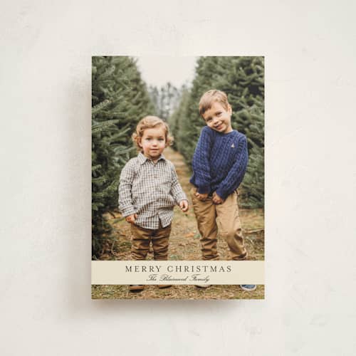 This is a cream petite holiday cards with standard by Baumbirdy called ribbon overlay printing on signature in petite
