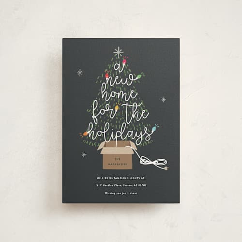 This is a charcoal petite holiday cards with standard by Corinne Malesic called twinkling new home printing on signature in petite