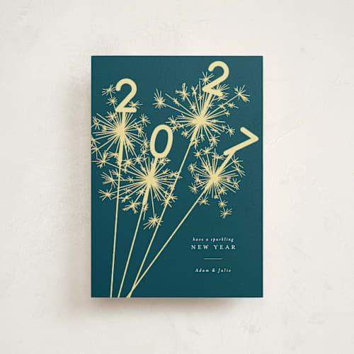 This is a peacock petite holiday cards with standard by Paula Pecevich called sparklers printing on signature in petite