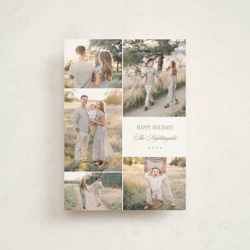 This is a champagne petite holiday cards with standard by Kelly Schmidt called minimal five printing on signature in petite