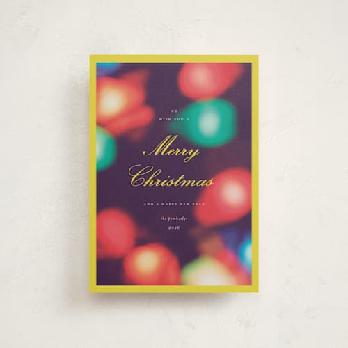 This is a lemon petite holiday cards with standard by Morgan Kendall called retro bokeh lights printing on signature in petite
