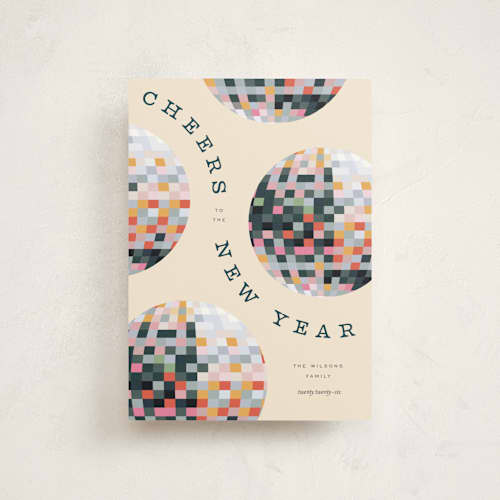 This is a champagne petite holiday cards with standard by Pixel and Hank called new year disco printing on signature in petite